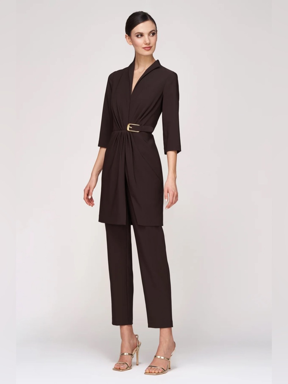 NEW KAY UNGER Florence Espresso walk thru belted jumpsuit 6‎